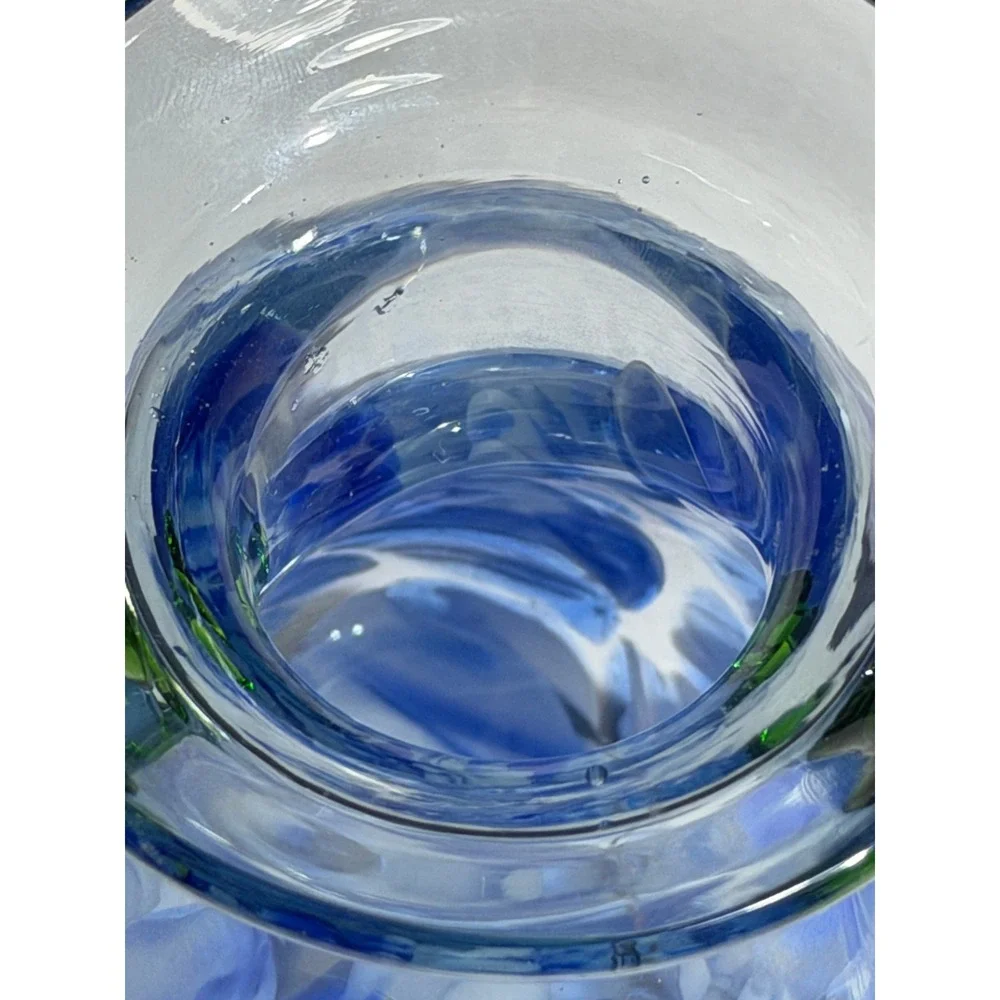 Pier 1 Imports Blue white Swirl Hand Blown Glass Vase with Green Handles